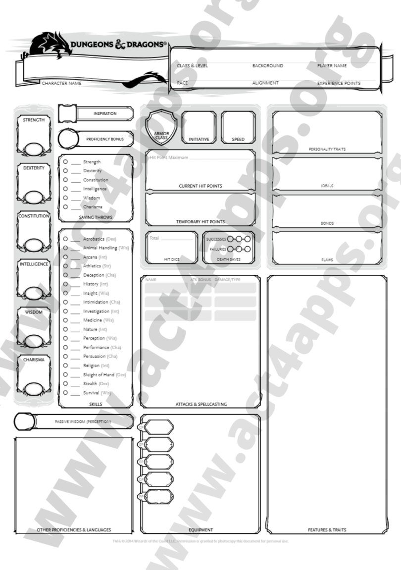 DnD 5e Character Sheet Pdf editable, fillable, downloadable - Act4apps